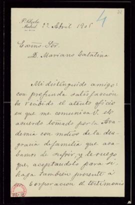 Carta de Fr[ancisco] Silvela al secretario, Mariano Catalina, de agradecimiento a la Academia por...