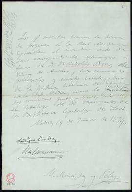 Propuesta firmada por Santiago de Liniers, Ramón de Campoamor y M[arcelino] Menéndez y Pelayo de ...