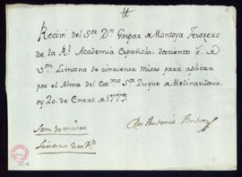 Recibo de Antonio Antón de 200 reales de vellón por 50 misas por el alma del duque de Medina Sidonia