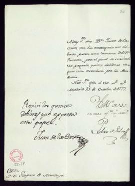 Orden de Pedro de Silva a Gaspar de Montoya del pago a Juan de la Cruz de 15 doblones por un dibu...