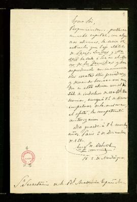 Carta de Eugenio de Ochoa al secretario [Manuel Bretón de los Herreros] en la que le pide que sol...