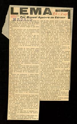 Recorte del diario Madrid con el artículo de Manuel Aguirre de Cárcer titulado Lema