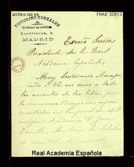 Carta de Victorino González al director, conde de Cheste, con la que le remite una medalla para q...