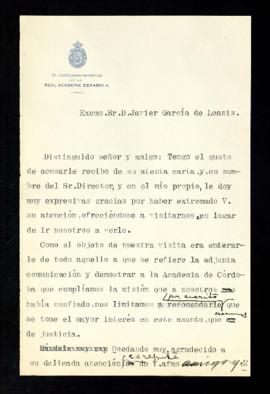 Minuta de la carta del secretario Javier García de Leaniz en la que le recomienda que se tome el ...