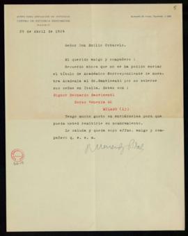 Carta de Ramón Menéndez Pidal a Emilio Cotarelo en la que le facilita las señas de Bernardo Sanvi...