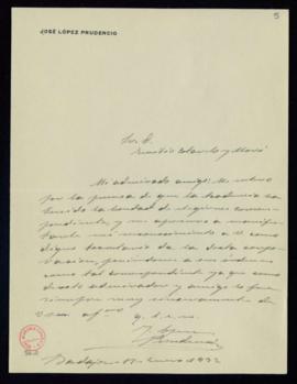 Carta de José López Prudencio a Emilio Cotarelo en la que le manifiesta que se ha enterado por la...