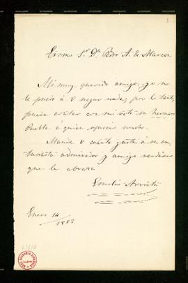Carta de Emilio Arrieta a Pedro Antonio de Alarcón en la que le confirma su voto a favor de [Diós...