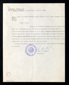 Carta de Luis de Gásperi, presidente de la Academia Paraguaya de la Lengua Española, a Ramón Mené...