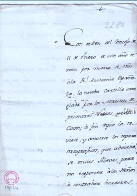 Carta de Juan de Peñuelas a Fran[cis]co Ant[oni]o de Angulo con la que remite la nueva cartilla p...