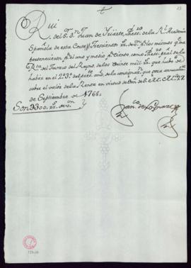 Recibo de Francisco de Loynaz de 300 reales que le corresponden como tesorero principal de la Ren...