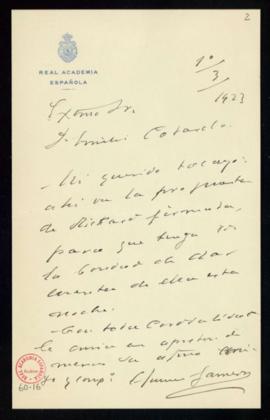 Carta de Emilio Gutiérrez Gamero a Emilio Cotarelo con la que le remite la propuesta de Joaquín D...