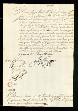 Orden del marqués de Villena de abono a Vincencio Squarzafigo de 4546,12 reales de vellón por los...