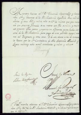Orden del marqués de Villena de abono a Vincencio Squarzafigo de 110 611 reales y 20 maravedíes d...
