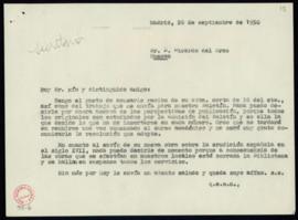 Copia sin firma de la carta [de Julio Casares] a Ricardo del Arco en la que acusa recibo de su ca...