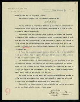 Carta de C. F. Adolf van Dam a Emilio Cotarelo con la que le remite una nueva lista de adiciones ...
