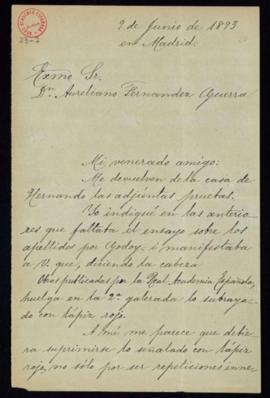 Carta de E[duardo] Benot a Aureliano Fernández-Guerra con la que le remite unas galeradas, con la...