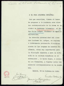 Propuesta de Fritz Krüger como académico correspondiente extranjero en Hamburgo