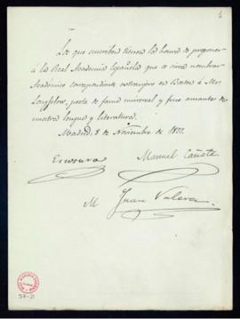 Propuesta firmada por Patricio de la Escosura, Manuel Cañete y Juan Valera del nombramiento de He...