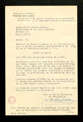 Carta del presidente del Círculo Literario Pedro de Ausa, José Martínez Tudela, a Julio Casares p...