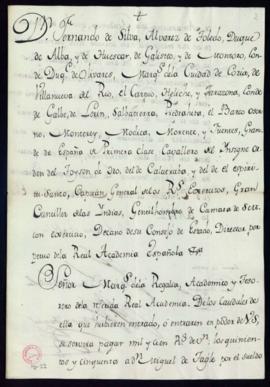 Libramiento de 1100 reales de vellón a favor de Miguel Antonio de Tagle, amanuense, y Alonso Pére...