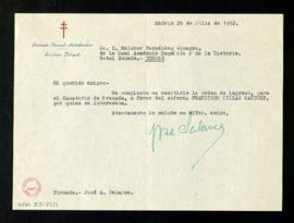 Carta de José A. Palanca, consejero delegado del Patronato Nacional Antituberculoso, a Melchor Fe...