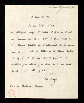 Carta de Pío Baroja a Emilio Cotarelo en la que afirma haber recibido el oficio de comunicación d...
