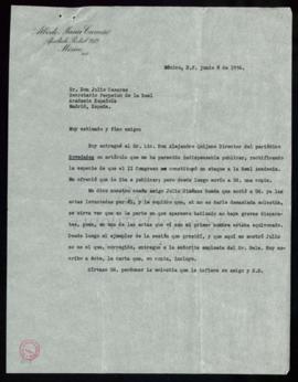 Carta de Alberto María Carreño a Julio Casares, secretario de la Real Academia Española, para inf...