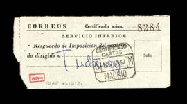 Resguardo de impreso certificado dirigido de Madrid a Tudanca el 16 de junio de 1967