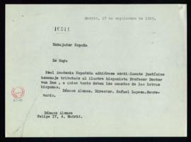 Copia sin firma del telegrama de adhesión al homenaje de C. F. Adolf van Dam