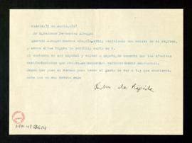 Carta de Pedro de Répide a Melchor Fernández Almagro en la que expresa su alegría al regresar a E...