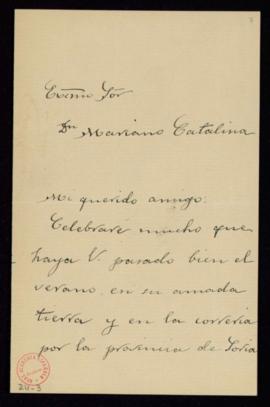 Carta de Juan José Herranz al secretario, Mariano Catalina, en la que le pide que le comunique la...