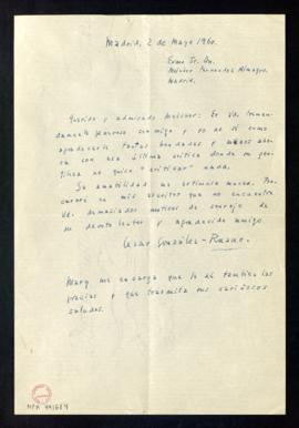 Carta de César González-Ruano a Melchor Fernández Almagro en la que le agradece su trato generoso...