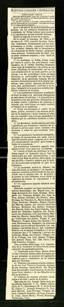 Acta fundacional de la Academia de las Bellas Letras de Chile publicada en el diario El Ferrocarril