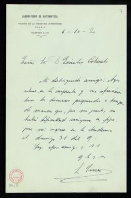 Carta de Leonardo Torres Quevedo a Emilio Cotarelo en la que le indica que puede fijarse su fecha...