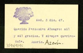 Tarjeta de visita de Azorín a Melchor Fernández Almagro en la que le da las gracias