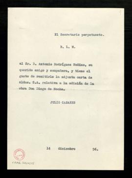 Copia sin firma del besalamano de Julio Casares, secretario, a Antonio Rodríguez-Moñino con el qu...