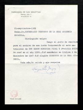 Carta de Enrique Vera Iñiguez al secretario con la que le remite copia del acta matrimonial de Ra...