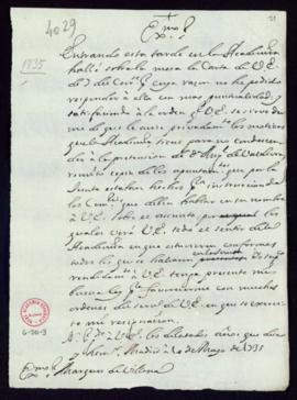 Minuta de la carta de Vincencio Squarzafigo a Mecurio Antonio López Pacheco con la que remite una...