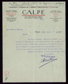 Carta de A. Mathieu en la que propone fijar el precio del Diccionario en rústica en 40 pesetas