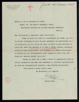 Carta de Darío Rubio, secretario interino de la Academia Mexicana, a Emilio Cotarelo y Mori, secr...
