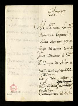 Minuta del oficio [de Juan de Trigueros] a los duques de Alba [José Álvarez de Toledo Osorio] y d...