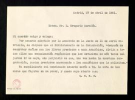 Minuta de la carta dirigida a Gregorio Marañón que acompaña la nota con las obras de la bibliotec...