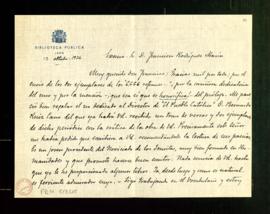 Carta Antonio Alcalá Venceslada a Francisco Rodríguez Marín en la que le agradece el envío de dos...