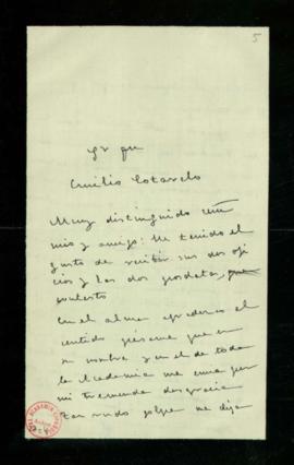 Carta de Miguel Echegaray al secretario, Emilio Cotarelo, de agradecimiento a la Academia por el ...