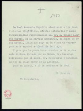 Minuta del diploma de Emilio Alarcos García de académico correspondiente español en Castilla la V...