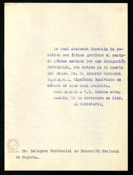 Copia sin firma del oficio del secretario al delegado provincial de Educación Nacional de Segovia...