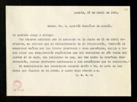 Carta a Agustín G. de Amezúa que acompaña a la nota con la relación de obras de la Biblioteca que...