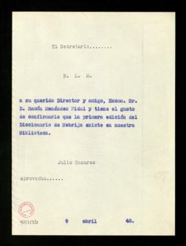 Copia sin firma del oficio del secretario [Julio Casares] a Ramón Menéndez Pidal en el que le con...