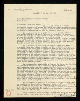 Carta de Juan Antonio Cánovas del Castillo a Melchor Fernández Almagro en la que le dice que ha q...