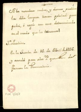 Acuerdo de la junta de 14 de abril de 1746 sobre la cuestión tercera de Sintaxis